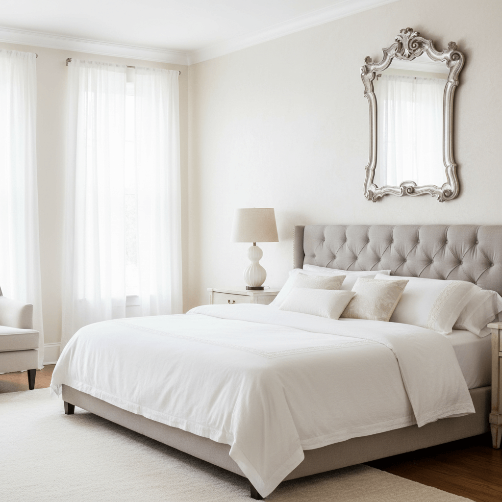 Elegant bedroom with Italian Rococo Carved Wood Silver Wall Mirror above bed, enhancing classic decor with 18th-century styling.