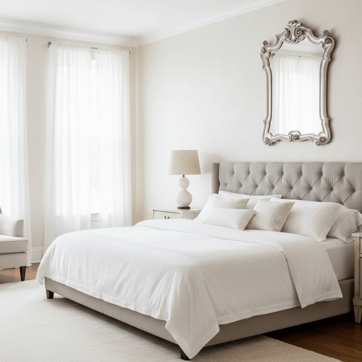 Elegant bedroom with Italian Rococo Carved Wood Silver Wall Mirror above bed, enhancing classic decor with 18th-century styling.