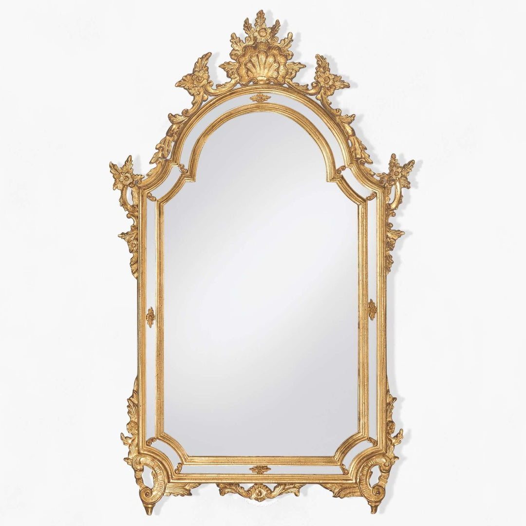 Italian Rococo Ornate Gold Wall Mirror with intricate gilded frame, handcrafted luxury reflecting 18th-century Italian artistry.