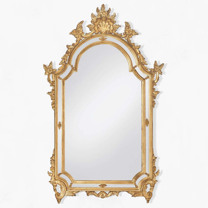 Italian Rococo Ornate Gold Wall Mirror with intricate gilded frame, handcrafted luxury reflecting 18th-century Italian artistry.