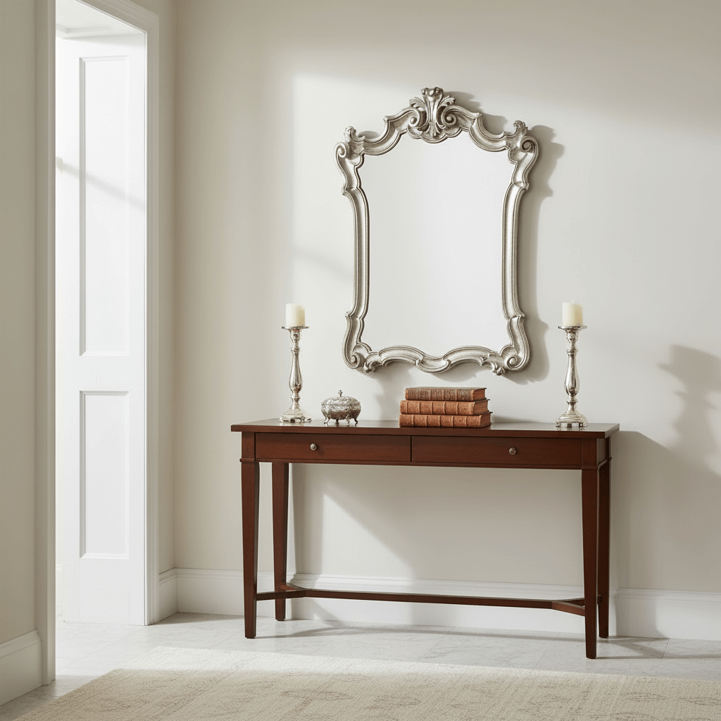 Elegant room with Italian Rococo Carved Wood Silver Wall Mirror above wooden console table, featuring antique decor.