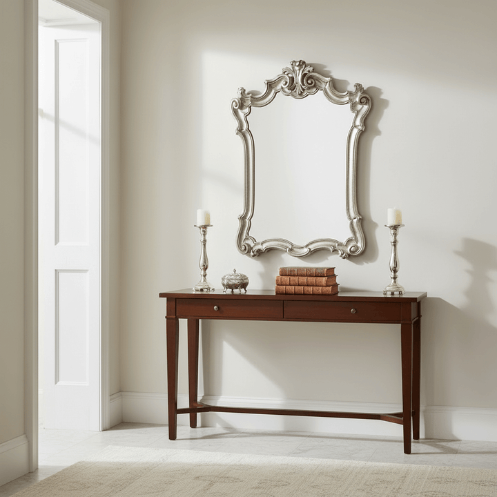 Elegant room with Italian Rococo Carved Wood Silver Wall Mirror above wooden console table, featuring antique decor.