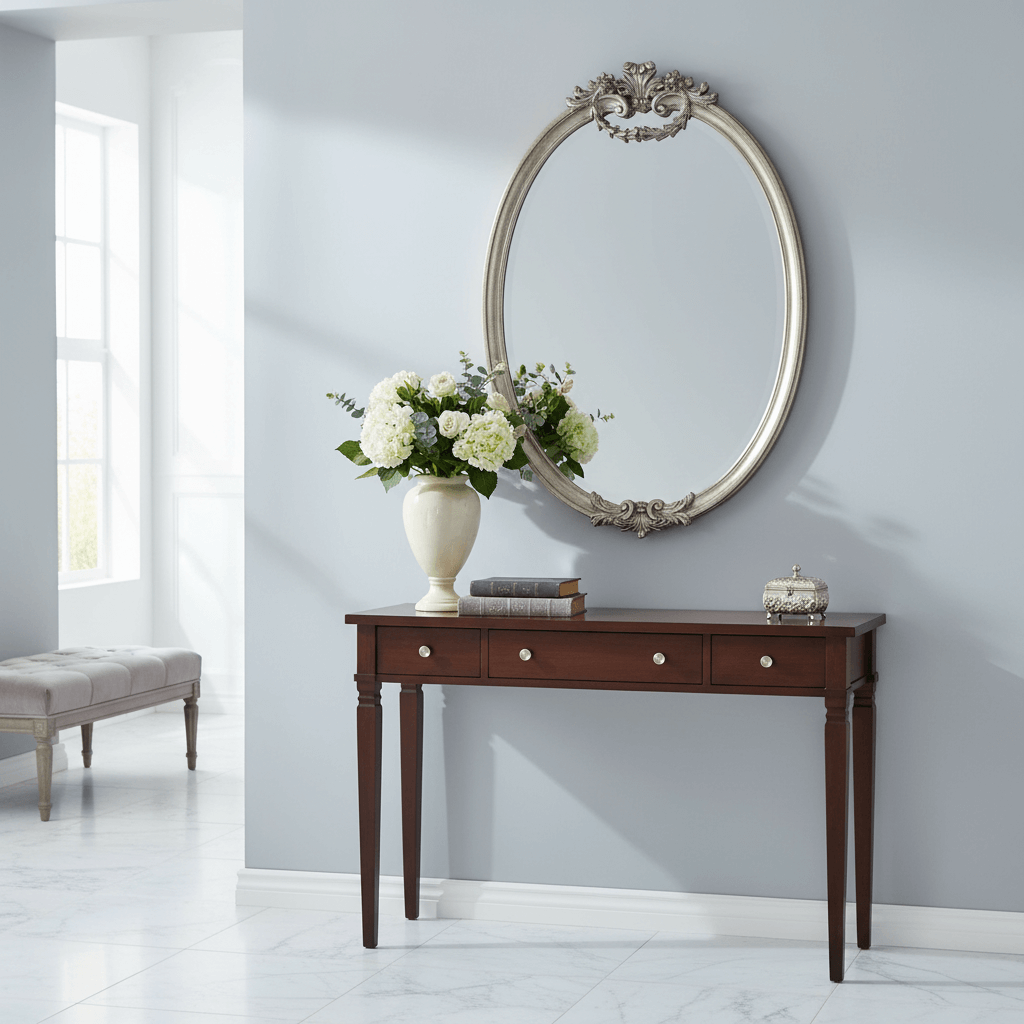Elegant room with Italian Rococo Silver Oval Wall Mirror above wooden console table.