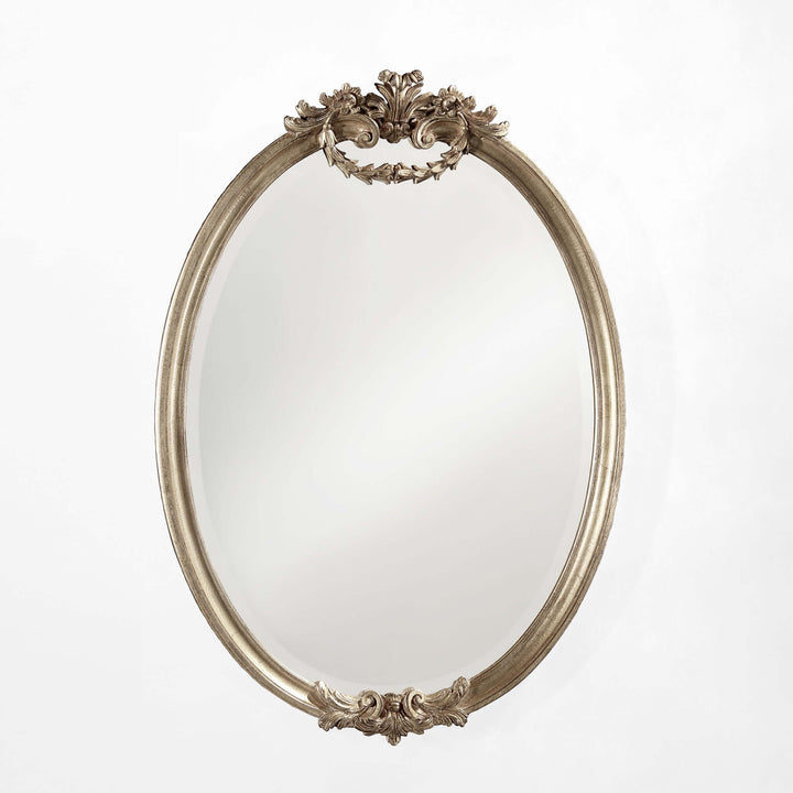 Italian Rococo Silver Oval Wall Mirror with antique silver leaf finish, showcasing hand-carved Italian craftsmanship and classic elegance.