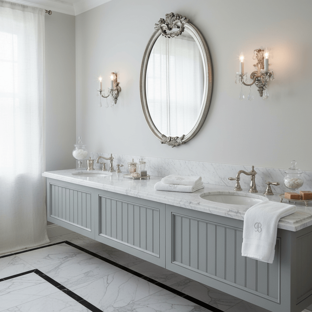 Elegant bathroom features the Italian Rococo Silver Oval Wall Mirror above a marble countertop with vintage sconces and classic decor.