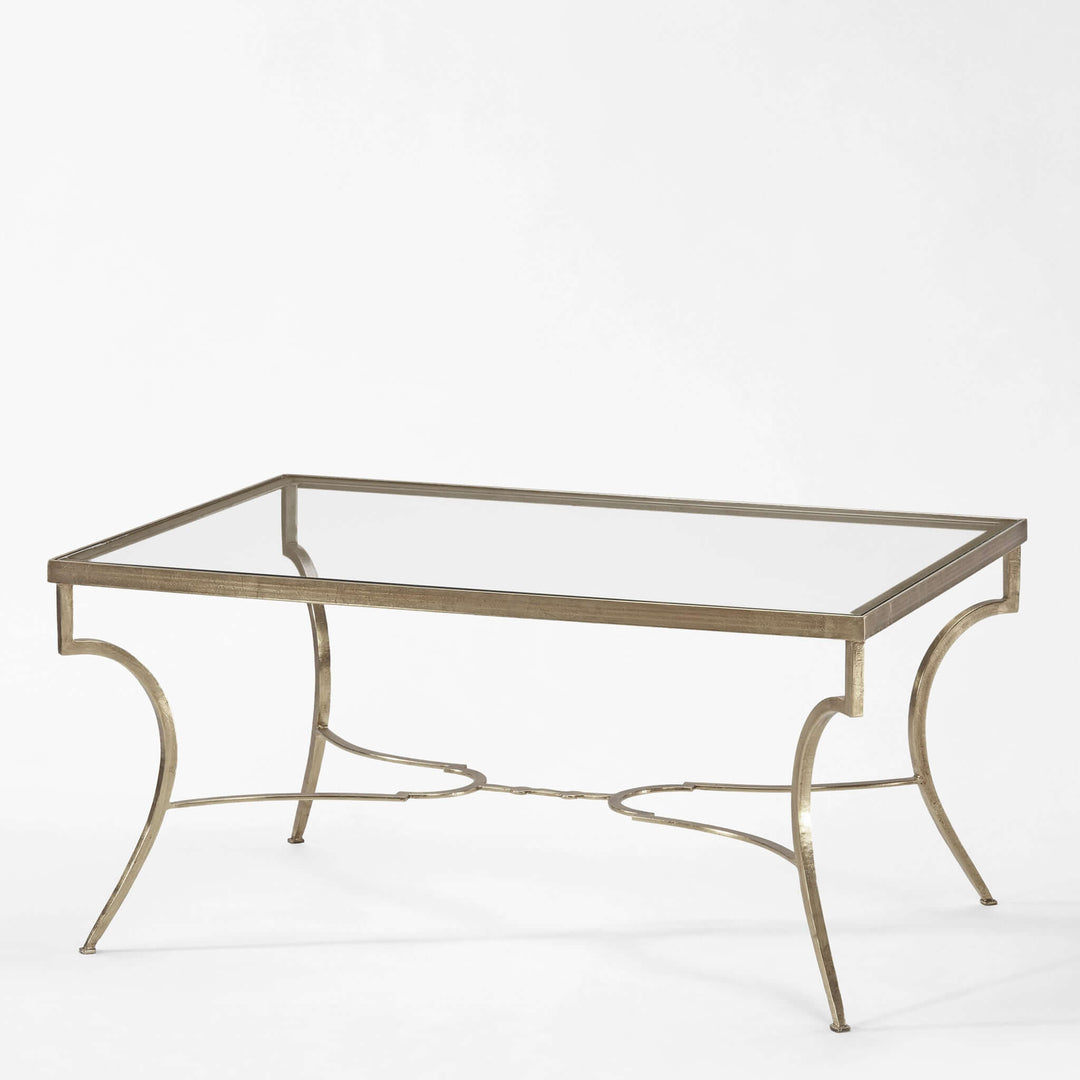 Italian Silver Leaf and Glass Coffee Table showcasing fine European craftsmanship with silvered metal and clear glass top.