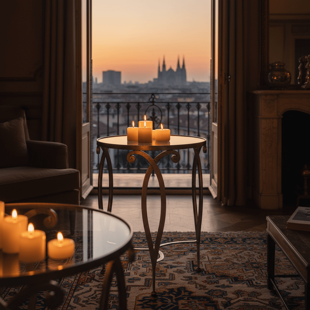 Italian Silver Leaf and Glass Side Table with candles in elegant room at sunset