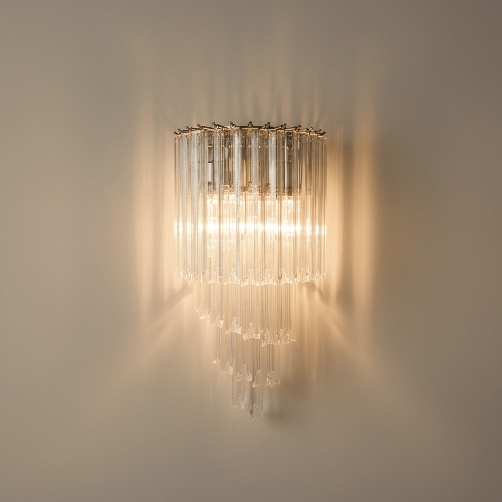 Italian Tiered Glass and Polished Nickel Wall Sconce with cascading crystal prisms illuminating a room with elegance and style