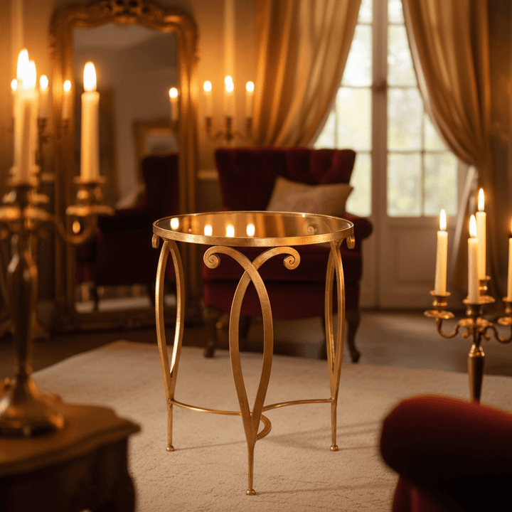 Italian Gold Leaf Iron Side Table with Glass Top in elegant candlelit room showcasing vintage glamour.