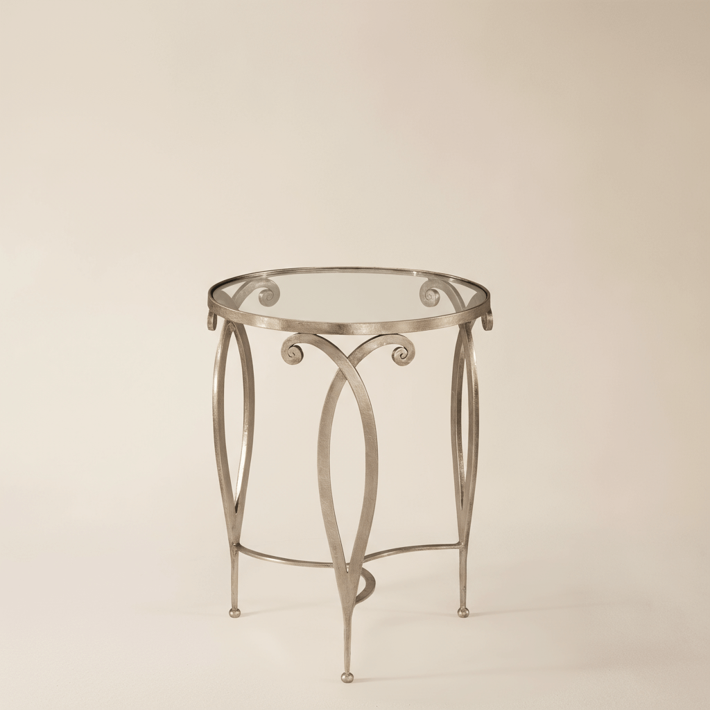 Italian Silver Leaf and Glass Side Table with antique silver finish and glass top, showcasing elegant craftsmanship.