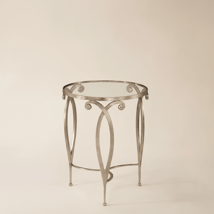 Italian Silver Leaf and Glass Side Table with antique silver finish and glass top, showcasing elegant craftsmanship.