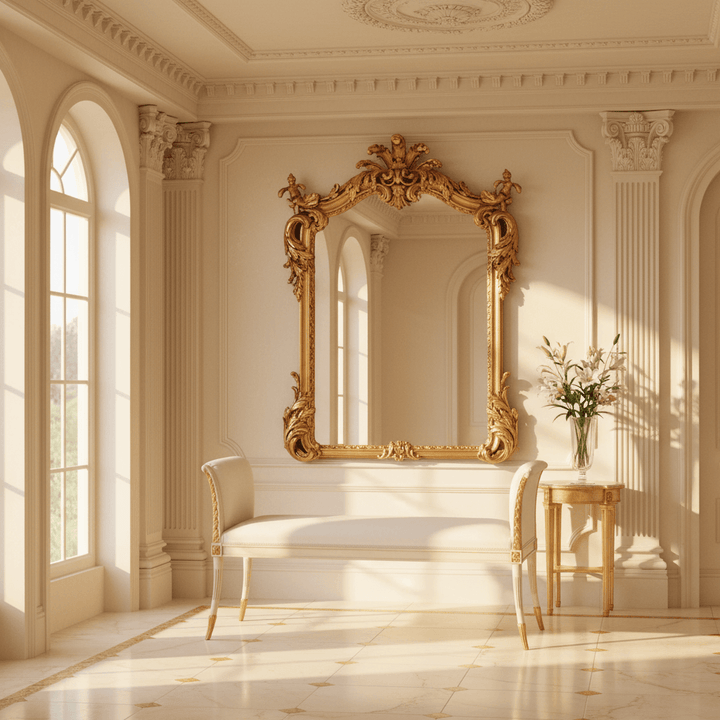 Italian Neoclassical White and Gold Leaf Bench in elegant salon setting with ornate mirror and classic design details.