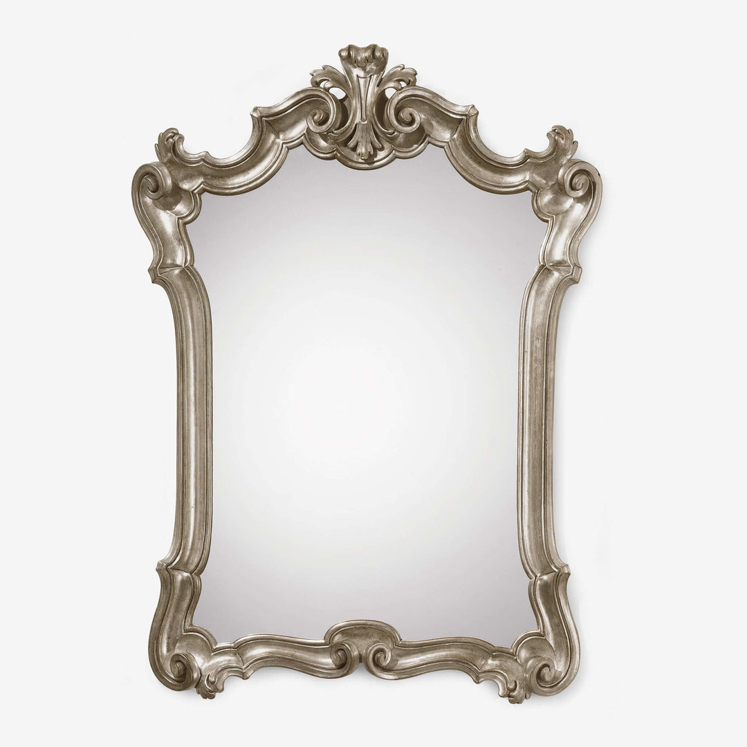Italian Rococo Carved Wood Silver Wall Mirror, a handcrafted masterpiece of 18th-century European design with antique silver finish.