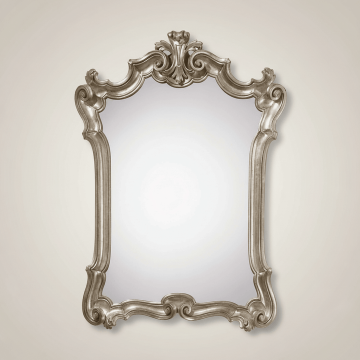 Italian Rococo Carved Wood Silver Wall Mirror, ornate design in antique silver, 18th-century European style for elegant interiors.