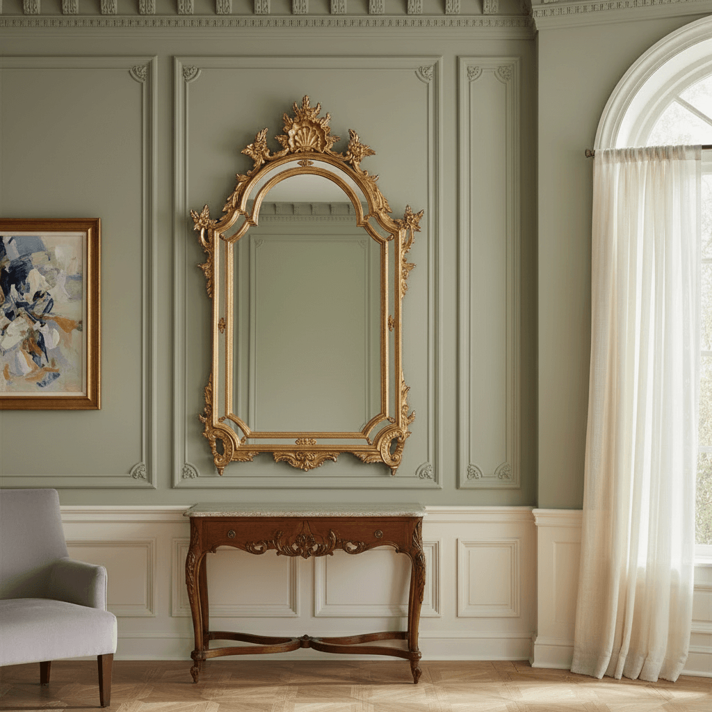 Italian Rococo Ornate Gold Wall Mirror with antique gold leaf in elegant room, showcasing luxurious 18th-century Italian craftsmanship.