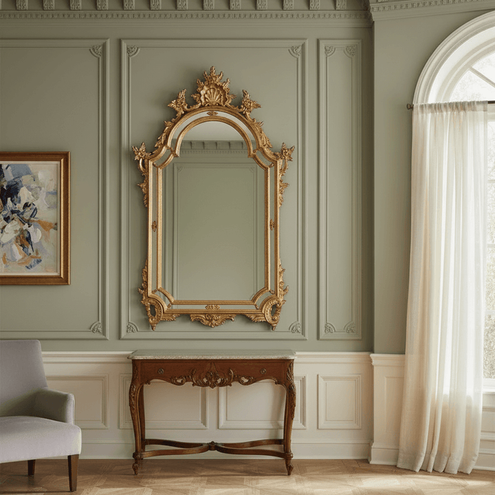 Italian Rococo Ornate Gold Wall Mirror with antique gold leaf in elegant room, showcasing luxurious 18th-century Italian craftsmanship.