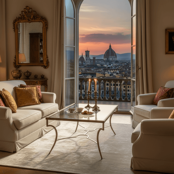 Elegant living room with Italian Silver Leaf and Glass Coffee Table, showcasing vintage glamour and European craftsmanship at sunset.