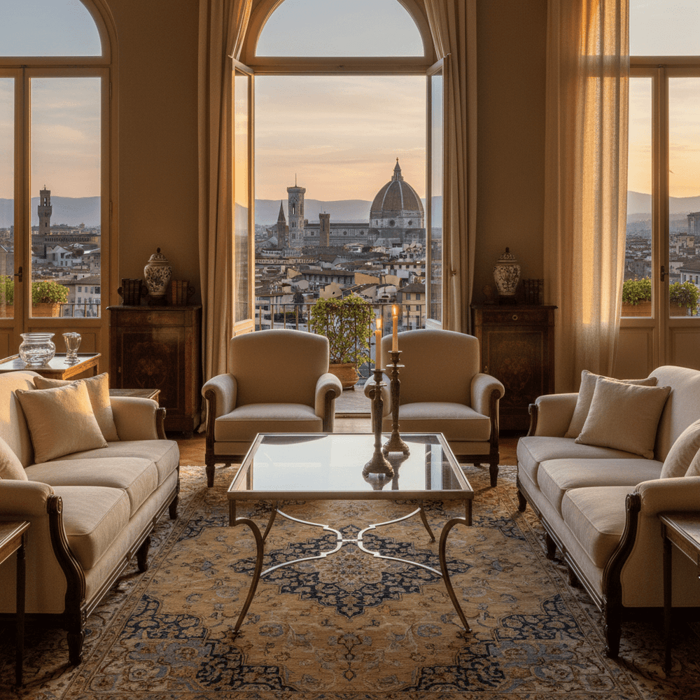 Elegant living room featuring the Italian Silver Leaf and Glass Coffee Table with scenic Florence view at sunset.
