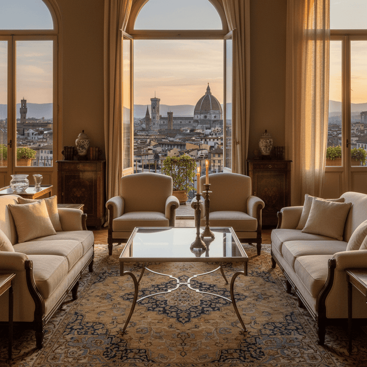 Elegant living room featuring the Italian Silver Leaf and Glass Coffee Table with scenic Florence view at sunset.