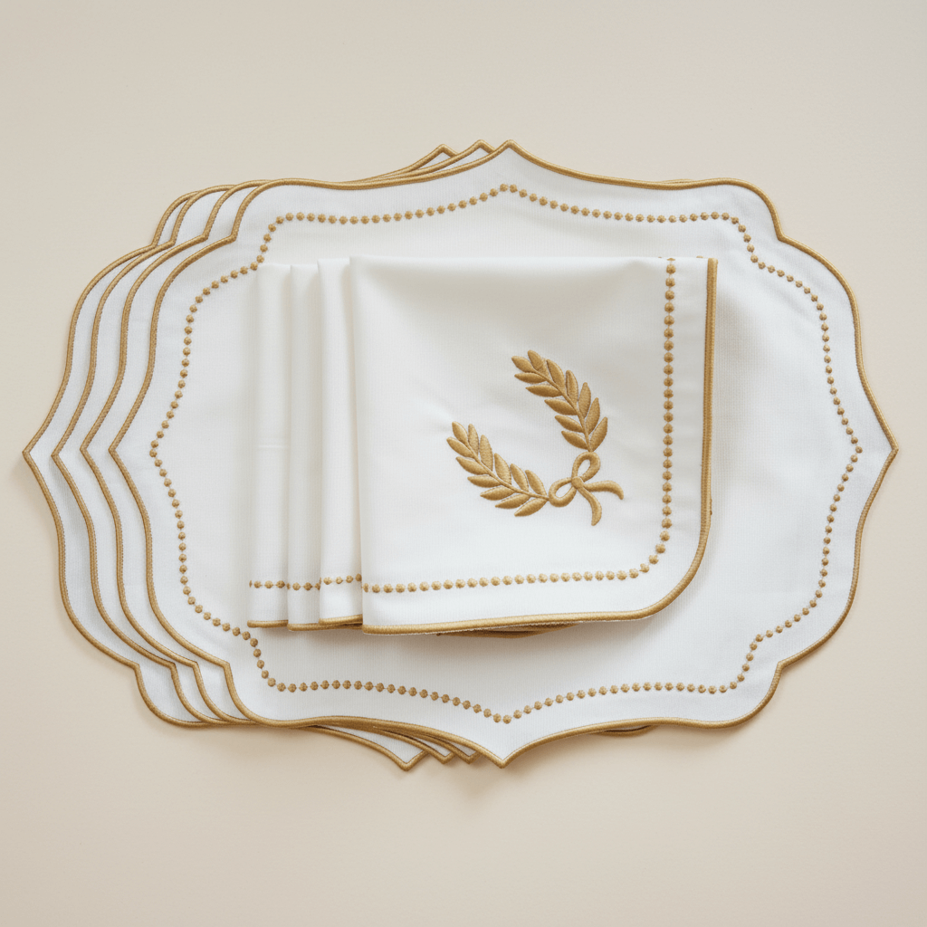 Ivory and Gold Embroidered Placemat and Napkin Set showcasing vintage European glamour with golden embroidery.