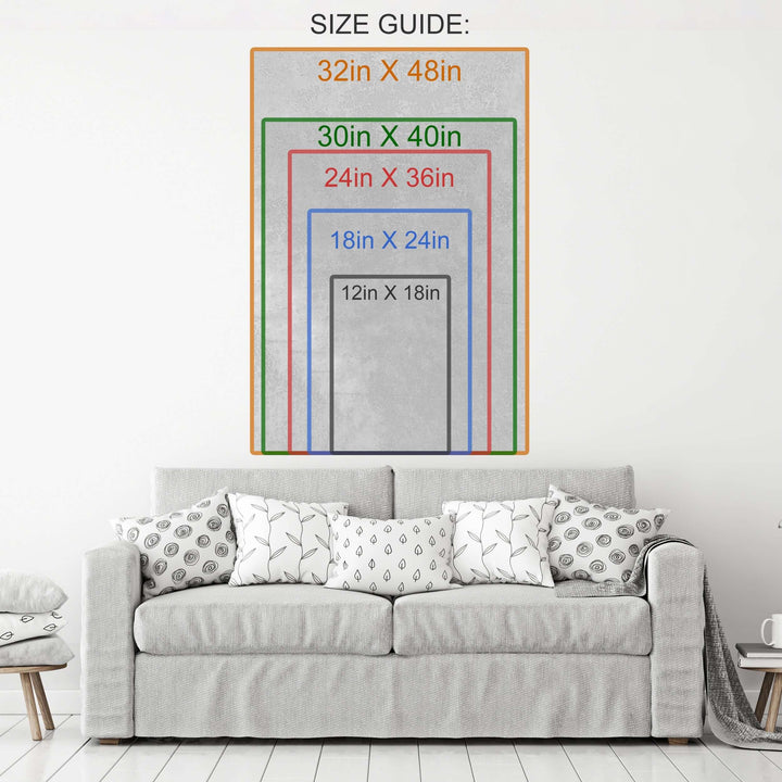 Living room with a sofa and size guide chart for framed wall art