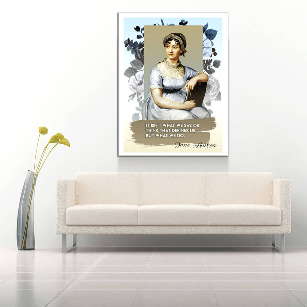 Modern living room with Jane Austen “It Isn’t What We Say or Think” Quote Wall Art above a beige sofa, blending elegance and serenity.