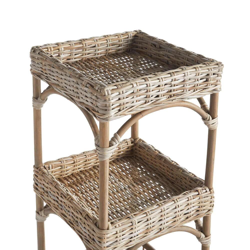 Kubu Rattan Etagere Shelf showcasing woven tray tiers, perfect for coastal home decor and practical storage.