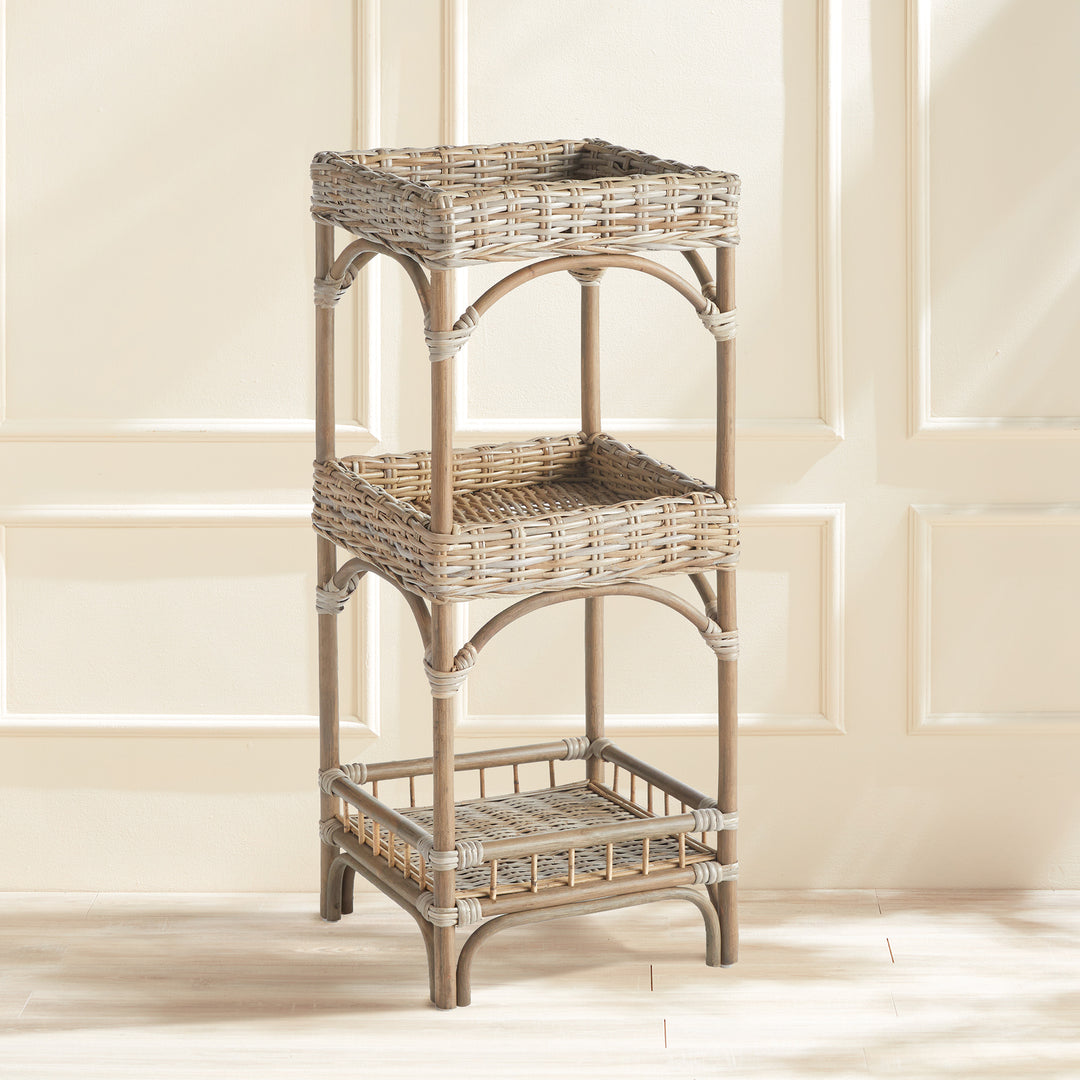 Kubu rattan étagère shelf with woven tray tiers, showcasing natural coastal charm and practical storage.