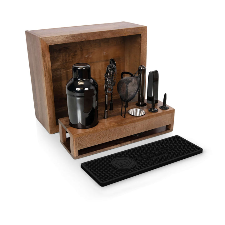 Vintage-Style Bartender Kit with Mango Wood Case & Bar Tools displayed in wooden box