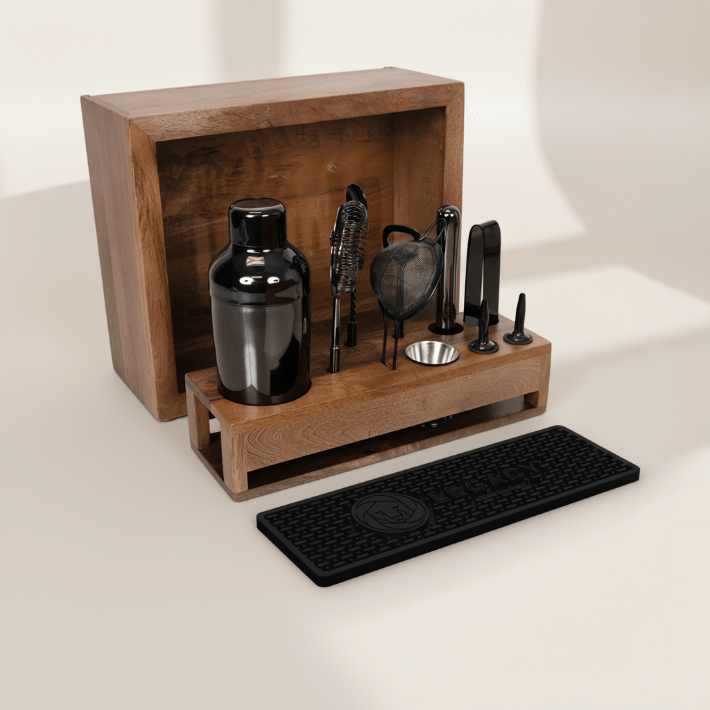Vintage-Style Bartender Kit with Mango Wood Case & Bar Tools, featuring a complete mixology set in a classic wood case, perfect for cocktails.