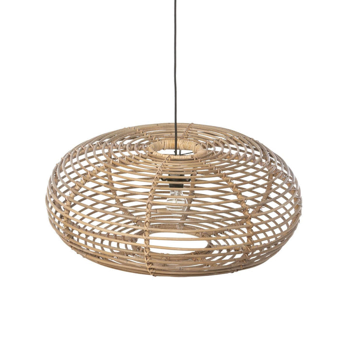 Woven rattan pendant light on a white background
