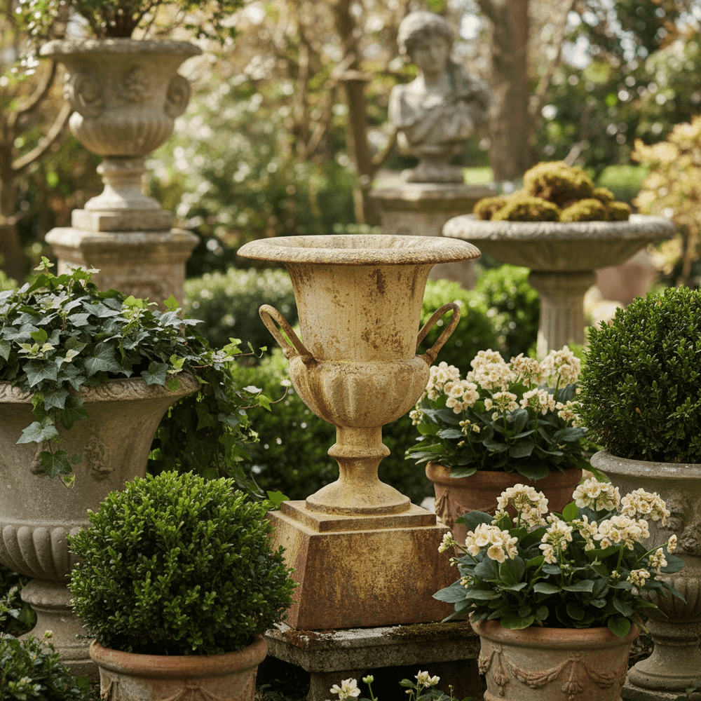 Large Rustic Metal Garden Urn with Aged Patina Finish in an elegant garden setting surrounded by greenery and flowers.