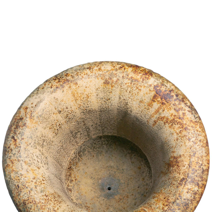 Top view of Large Rustic Metal Garden Urn with Aged Patina Finish showcasing its weathered texture and elegant design.