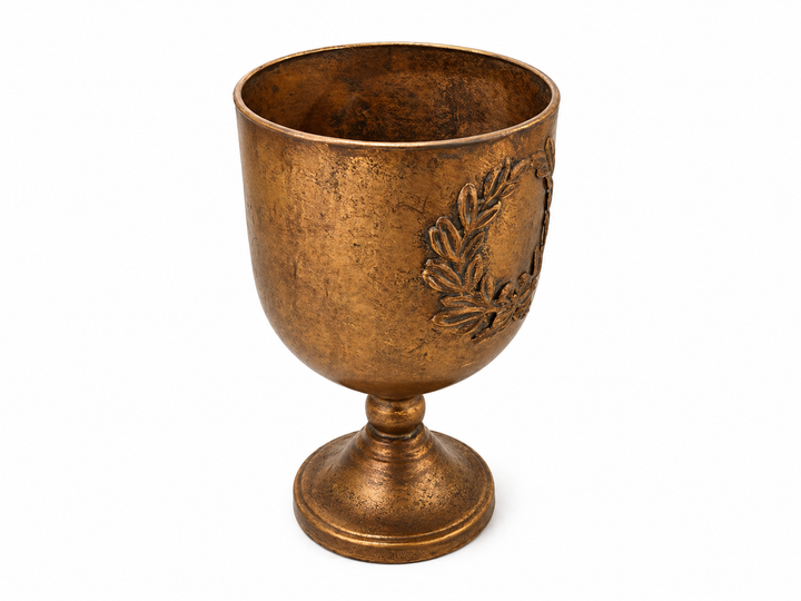Empty Laurel Wreath Gold Urn Planter showing its pedestal silhouette