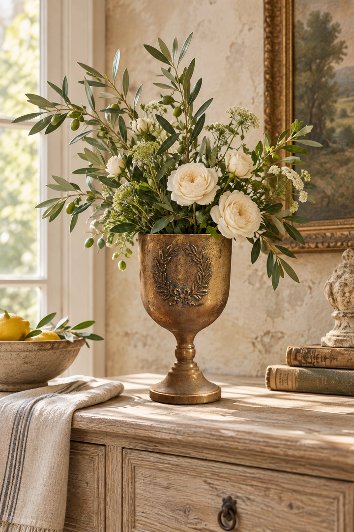 Laurel Wreath Gold Urn Planter with olive branches and cream roses