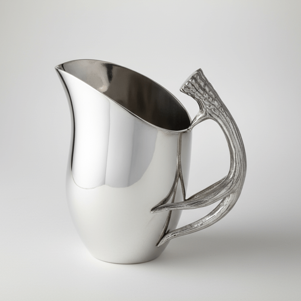 Elegantly crafted Lodge Style Antler Pitcher with sculptural handle, blending Old World grandeur and natural wilderness aesthetics.
