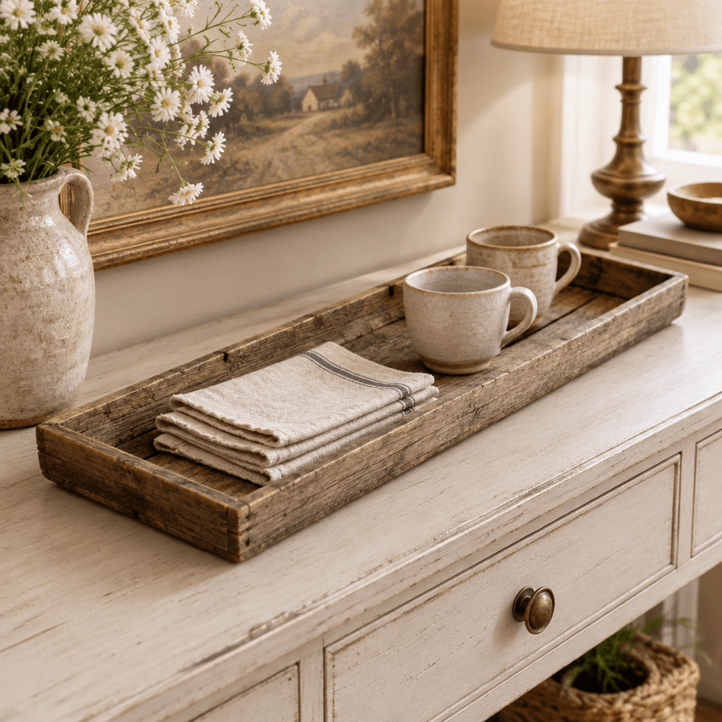 Weathered wood serving tray with linen napkins and ceramic cups on a pale console
