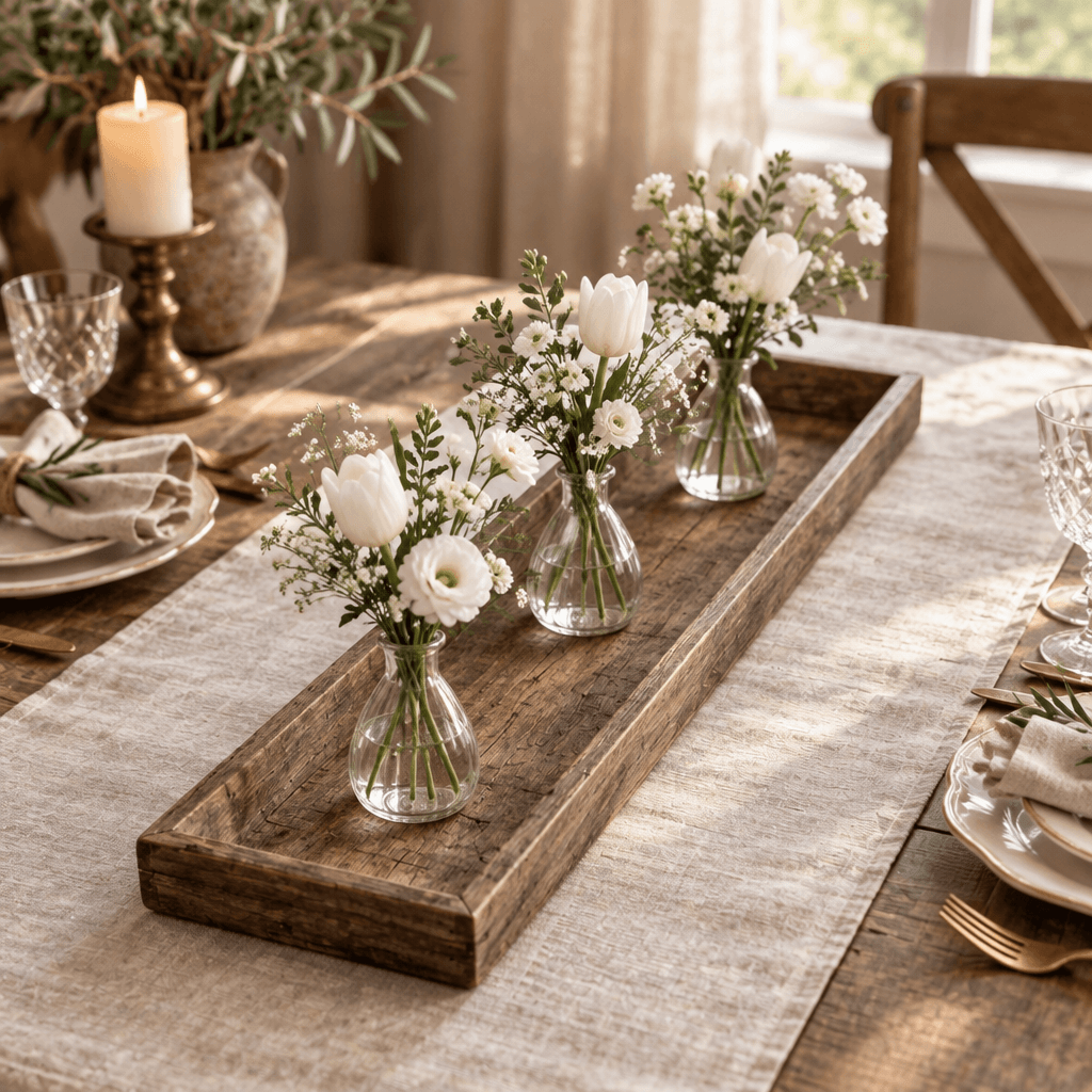 Long rustic wood tray styled with glass bud vases on a linen-covered dining table