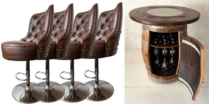 Reclaimed Wine Barrel Bar Set with Adjustable Pub Stools