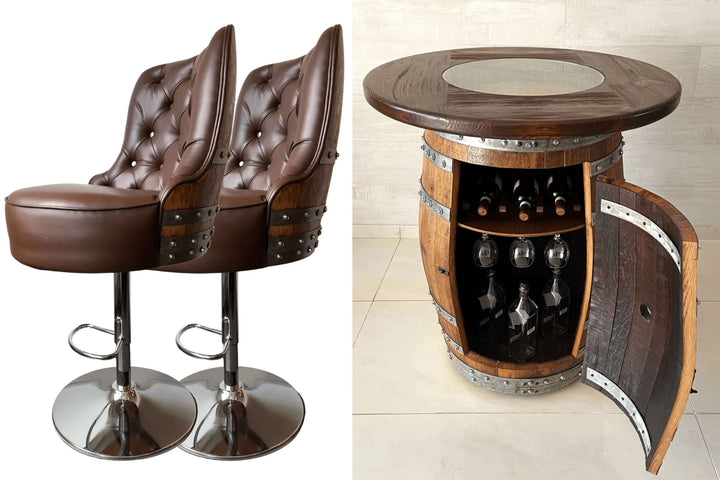 Reclaimed Wine Barrel Bar Set with Adjustable Pub Stools