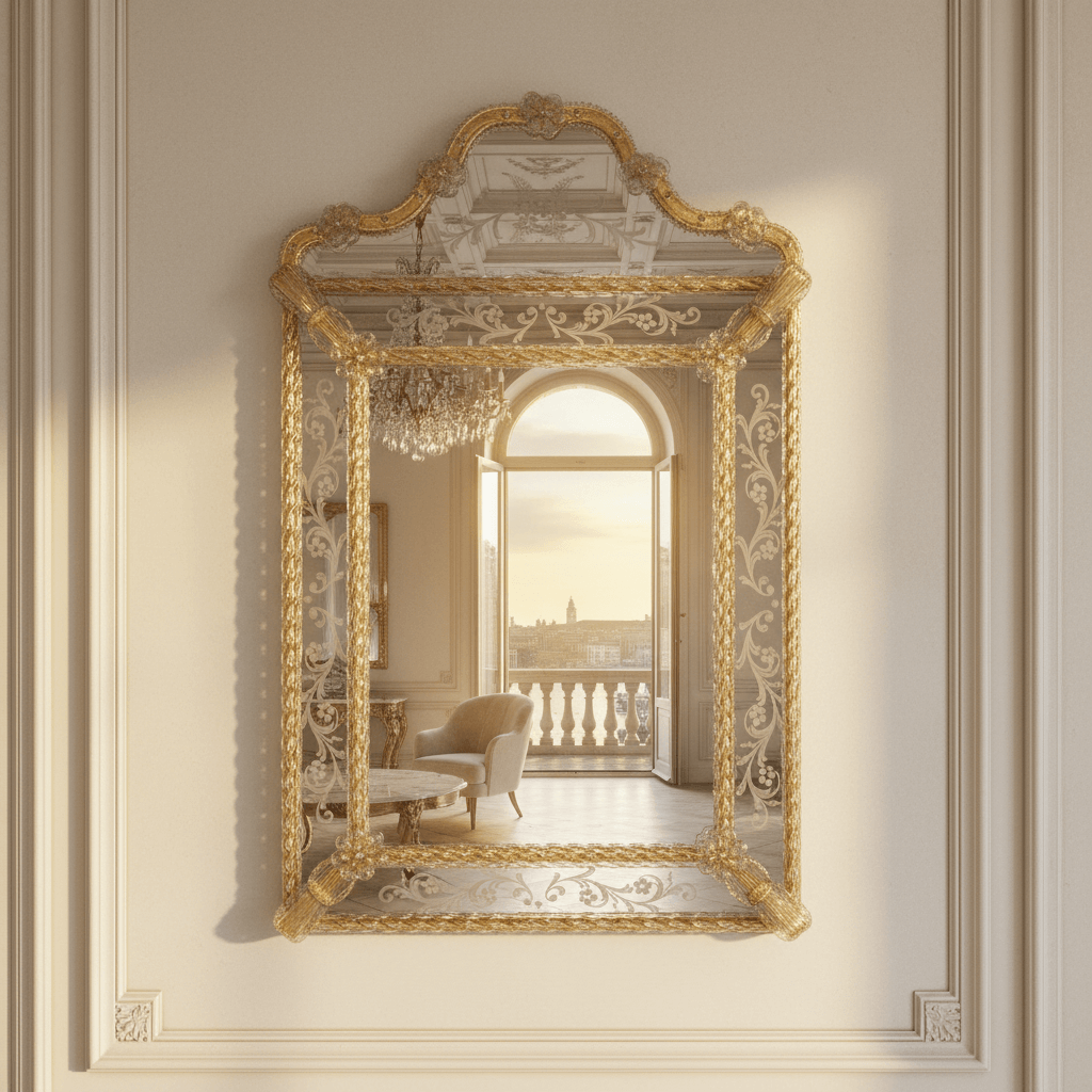 Murano Glass Mirror with Gold Leaf Trim and Etched Panels reflecting an elegant room with vintage decor and Venetian charm.