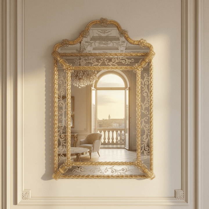 Murano Glass Mirror with Gold Leaf Trim and Etched Panels reflecting an elegant room with vintage decor and Venetian charm.