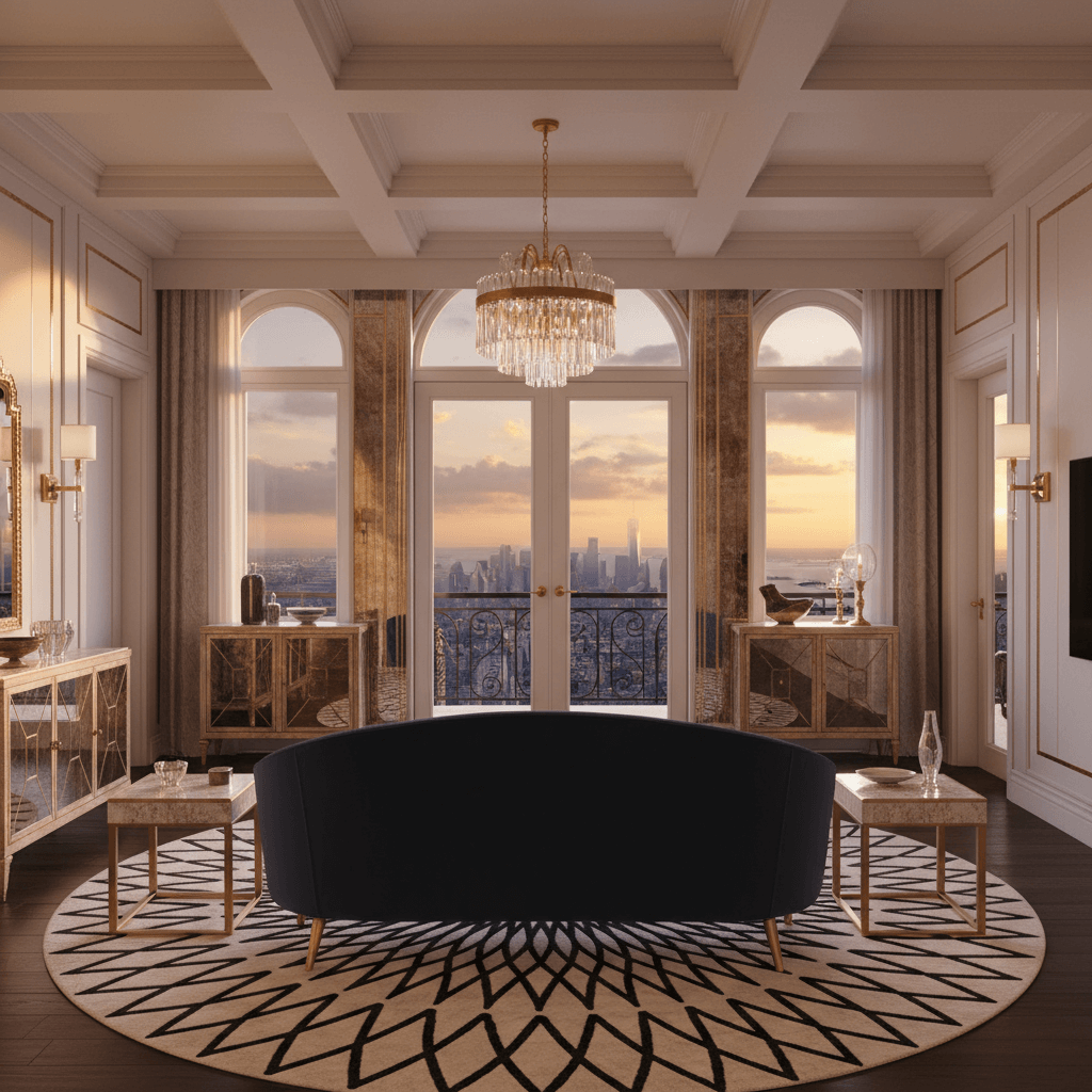 Luxurious living room with a chandelier, showcasing Art Deco design elements and city skyline view at sunset.