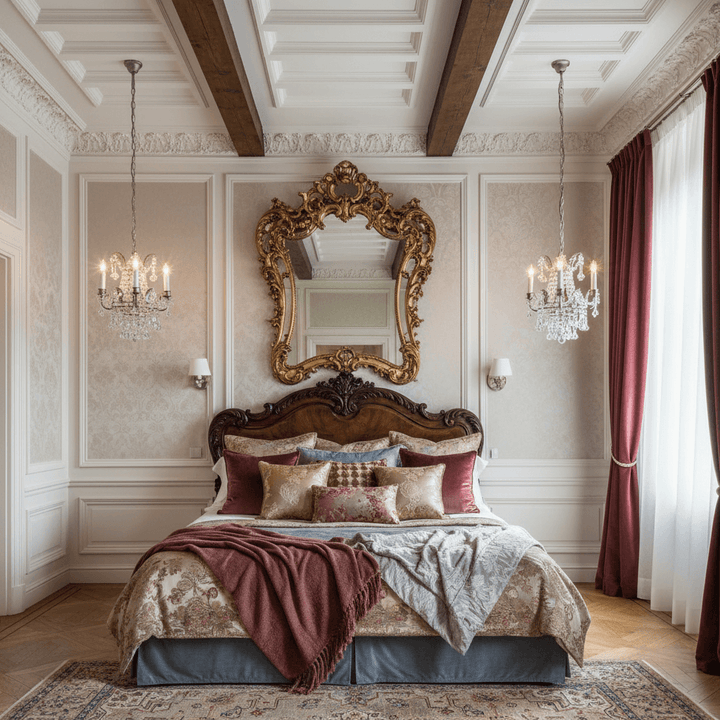 Luxurious bedroom with Antique Silver Leaf Mini Crystal Chandelier and ornate gold mirror above an elegant bed.