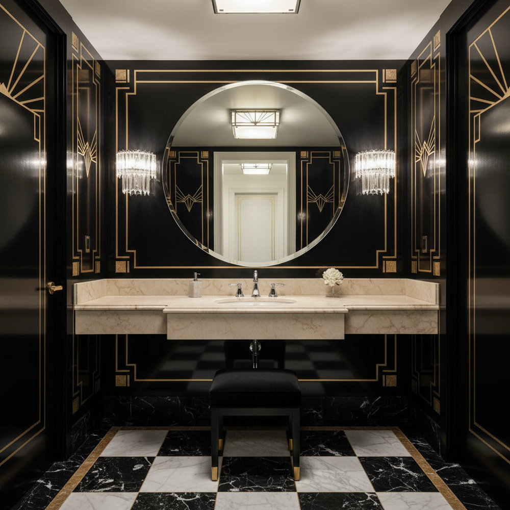 Luxurious bathroom with black and gold decor, round mirror, and marble sink.