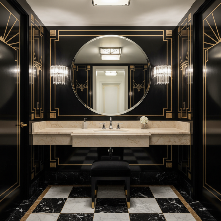 Luxurious bathroom with black and gold decor, round mirror, and marble sink.