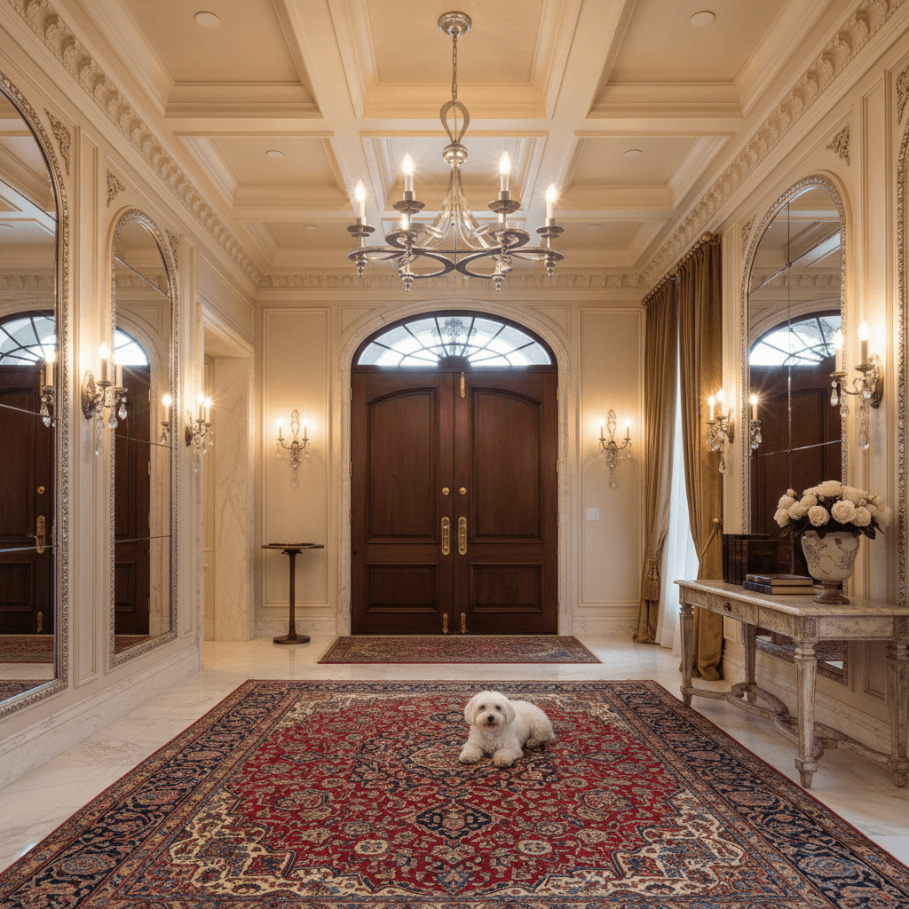 Luxurious entryway with Antique Silver Leaf Italian Chandelier, ornate Persian rug, and elegant double doors setting a vintage ambiance.
