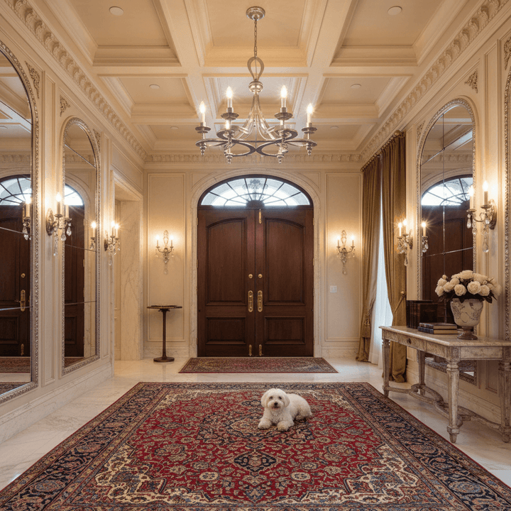 Luxurious entryway with Antique Silver Leaf Italian Chandelier, ornate Persian rug, and elegant double doors setting a vintage ambiance.