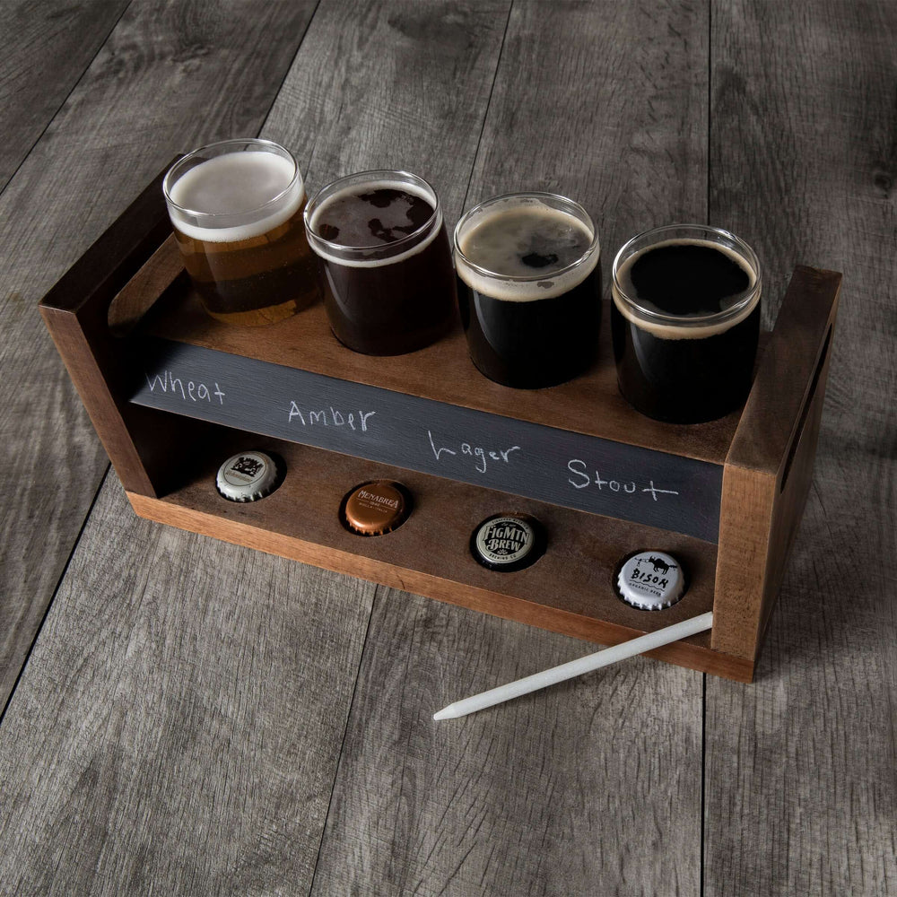 Rustic Craft Beer Flight Tasting Set with acacia wood tray and beer glasses on wooden table