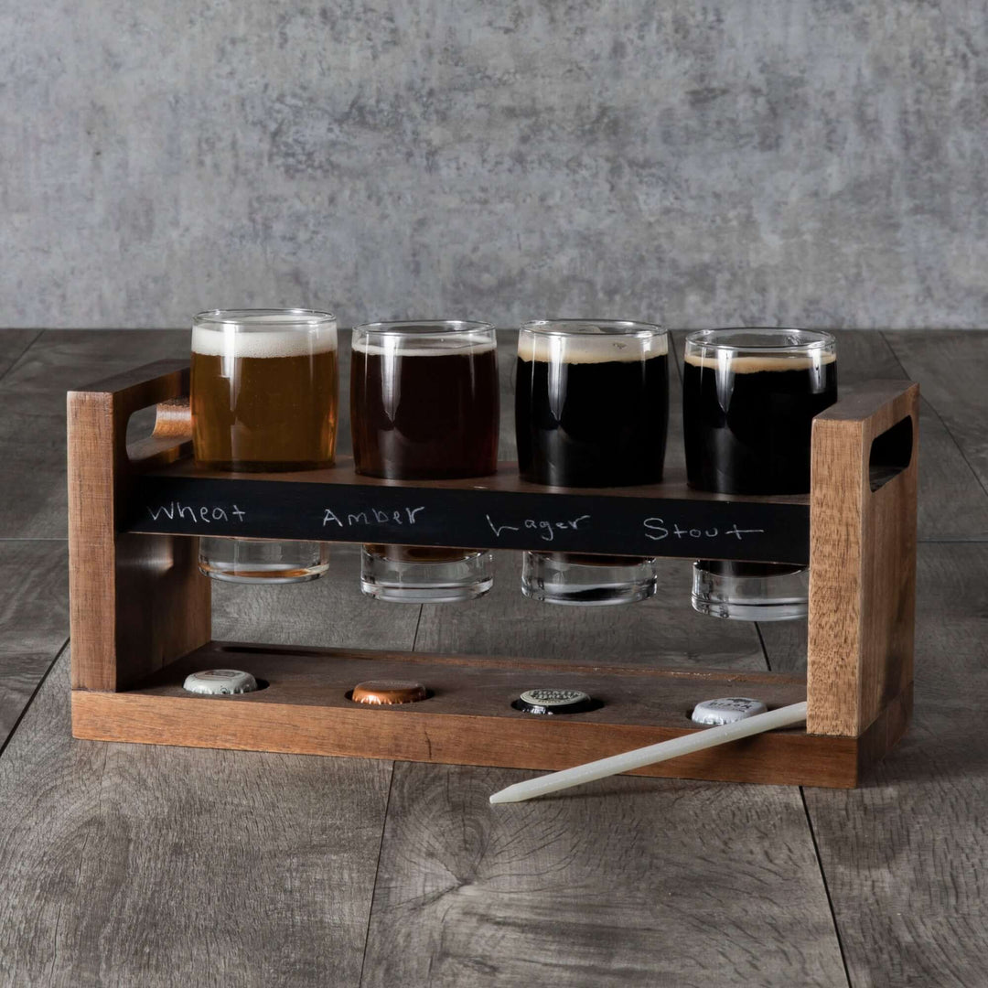 Rustic Craft Beer Flight Tasting Set with handcrafted acacia wood tray and glasses showcasing various beer styles like wheat and stout.